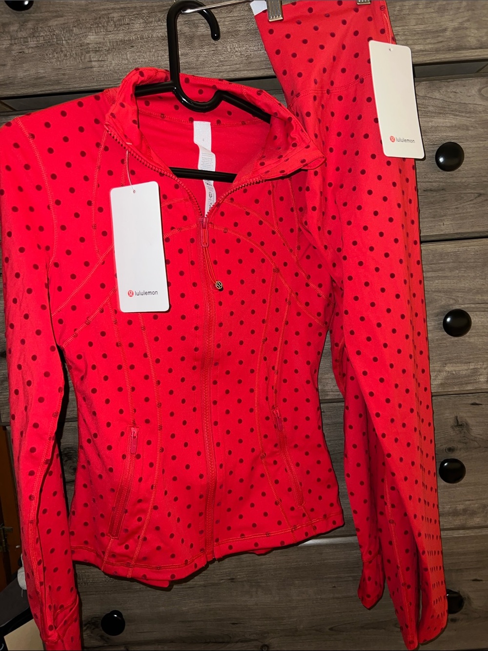 NWT lululemon athletica Red Polka Dot Define Zip-Up Jacket and matching legging